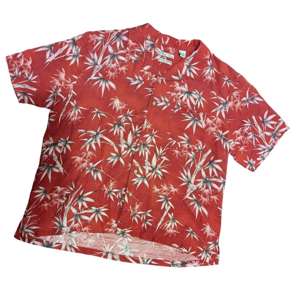 Batik Bay Mens 100% Silk Hawaiian Shirt Red Button Down Short Sleeve Size L